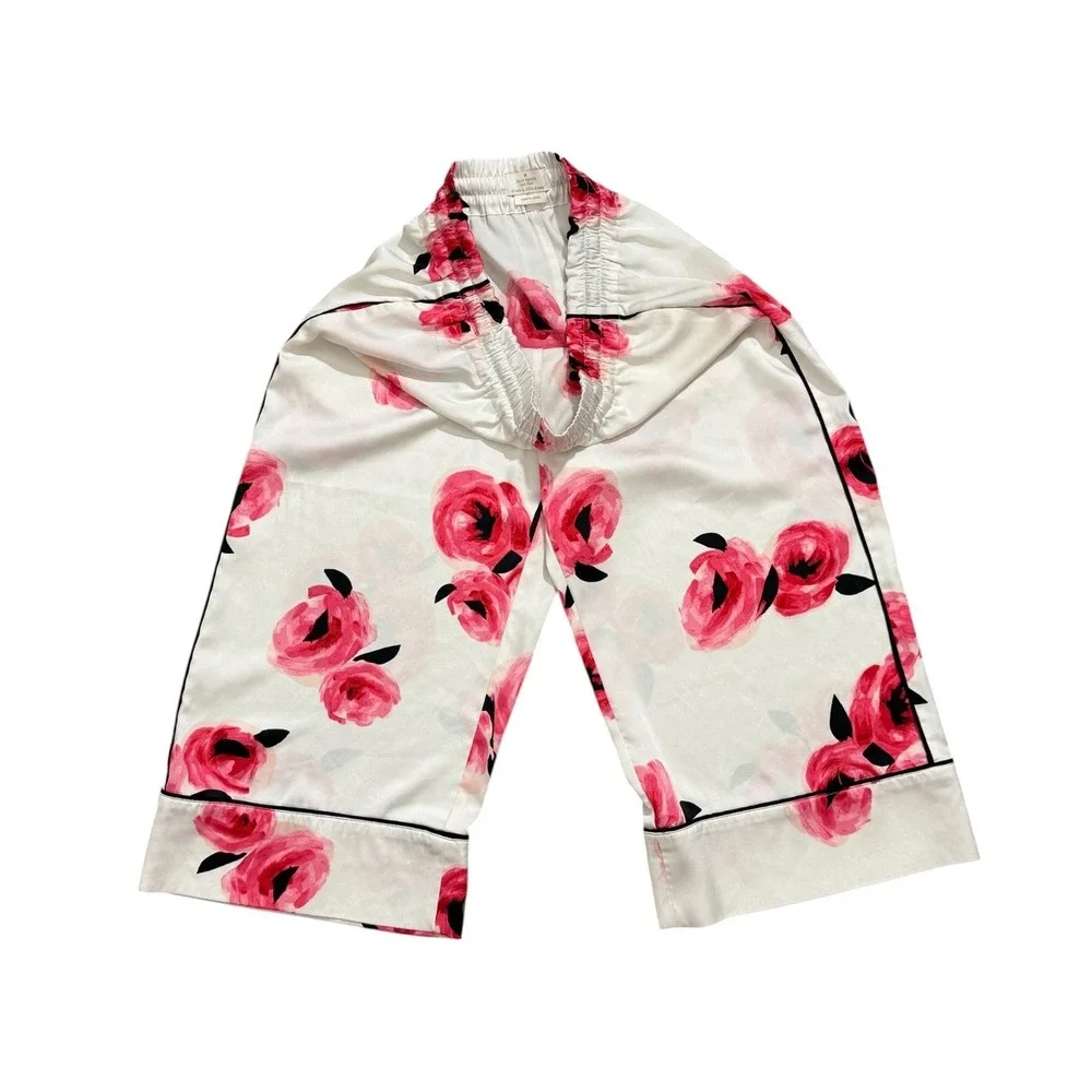 Kate Spade New York Pink Rose Floral Satin Pajama Pants White Wide Leg SZ Small